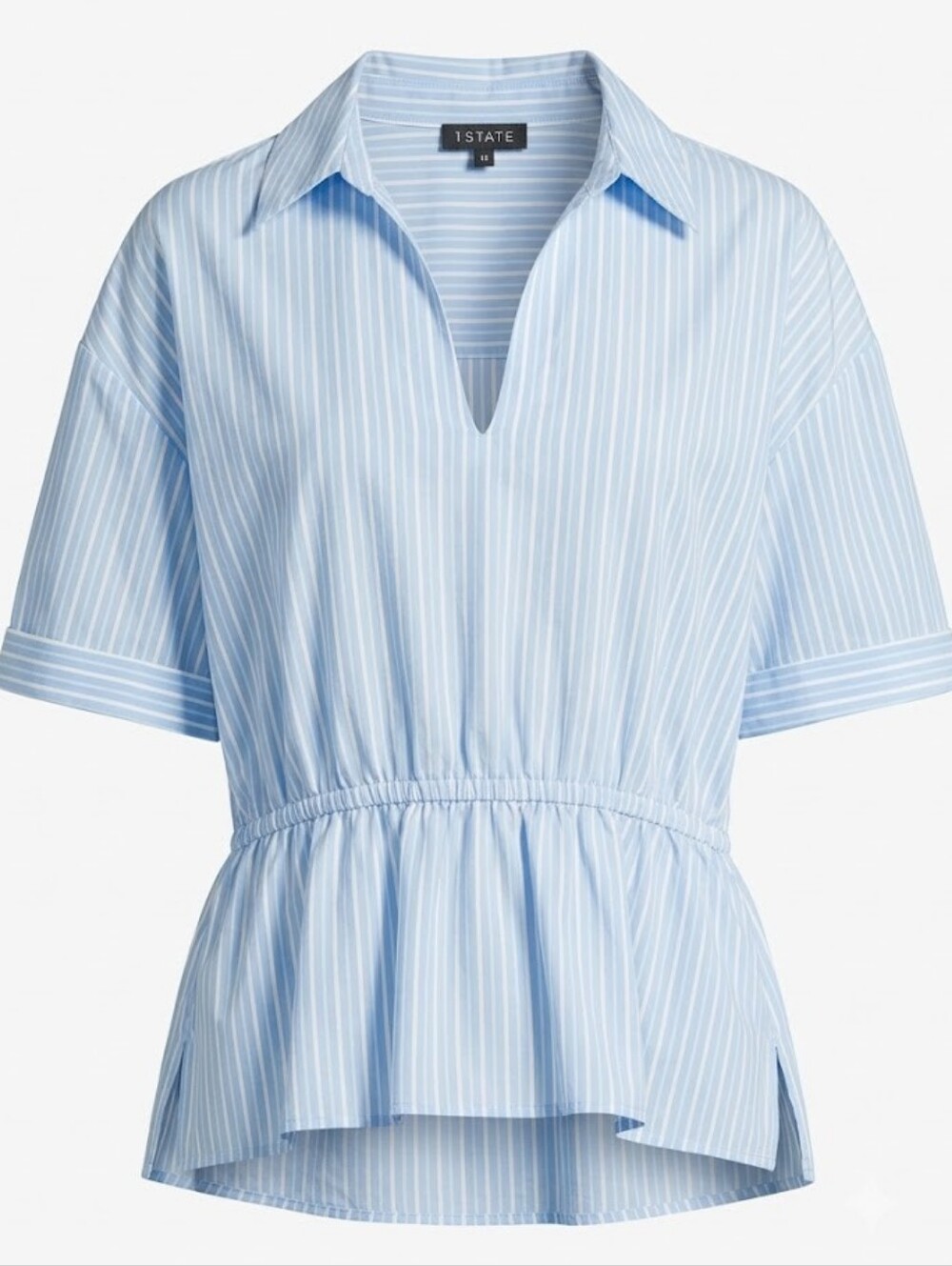 1 State Light Blue Striped V-Neck Peplum Top